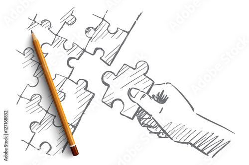 Vector hand drawn puzzle hand concept sketch with pencil over it. Human hand completing whole puzzle with last piece