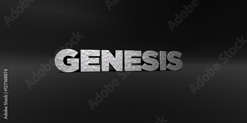 Fotografia, Obraz GENESIS - hammered metal finish text on black studio - 3D rendered royalty free stock photo