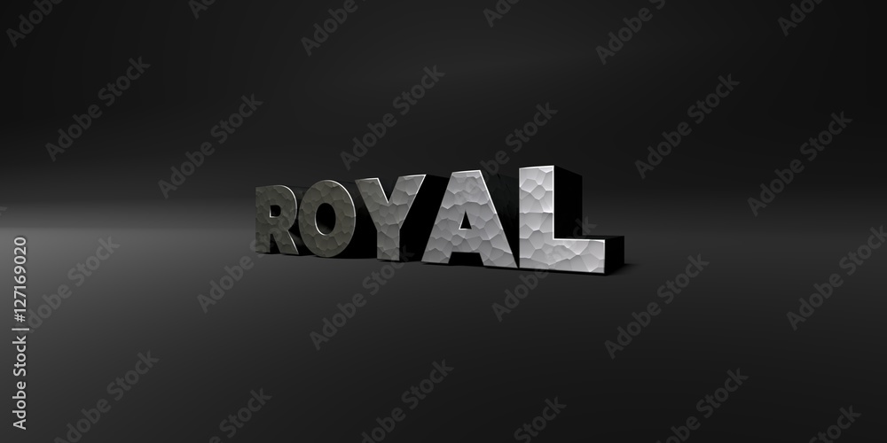 ROYAL - hammered metal finish text on black studio - 3D rendered royalty free stock photo. This image can be used for an online website banner ad or a print postcard.