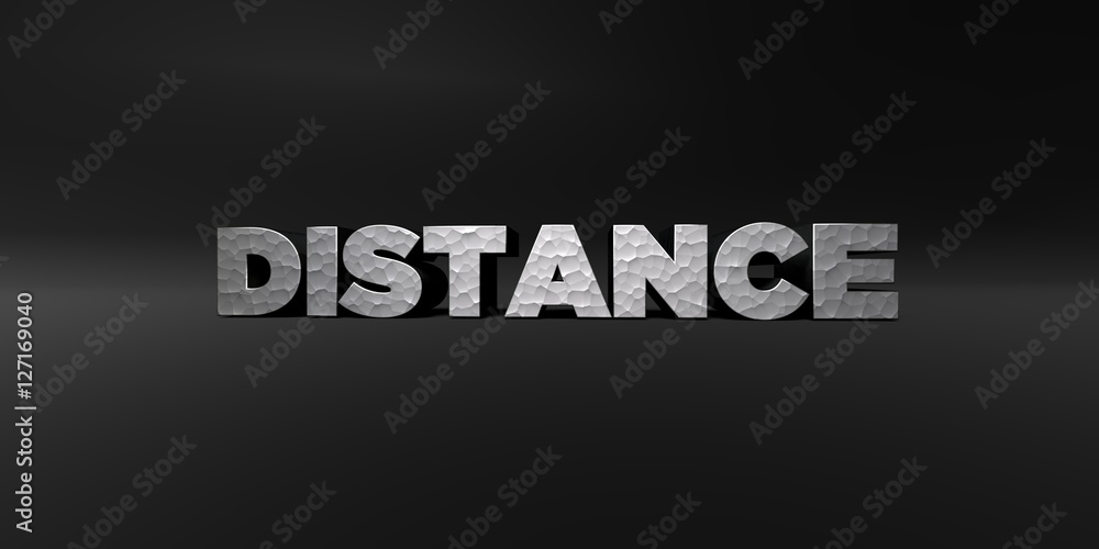 DISTANCE - hammered metal finish text on black studio - 3D rendered royalty free stock photo. This image can be used for an online website banner ad or a print postcard.