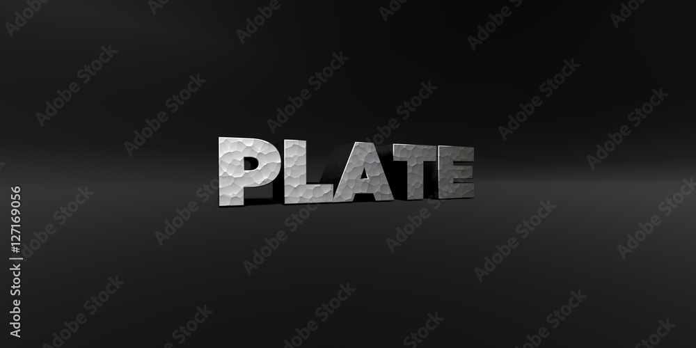 Obraz premium PLATE - hammered metal finish text on black studio - 3D rendered royalty free stock photo. This image can be used for an online website banner ad or a print postcard.