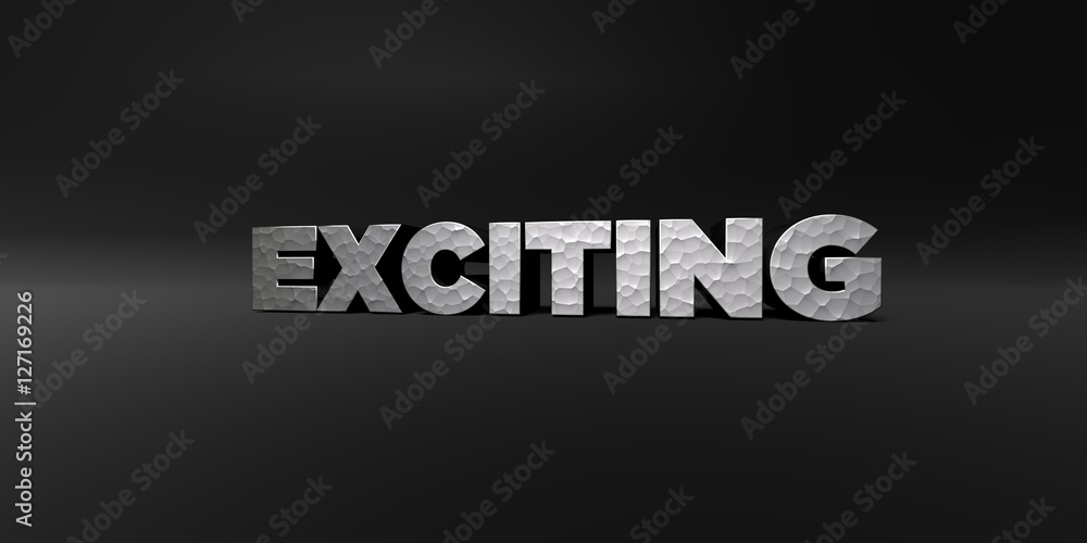 EXCITING - hammered metal finish text on black studio - 3D rendered royalty free stock photo. This image can be used for an online website banner ad or a print postcard. EXCITING - hammered metal finish text on black studio - 3D rendered royalty free stock photo. This image can be used for an online website banner ad or a print postcard.