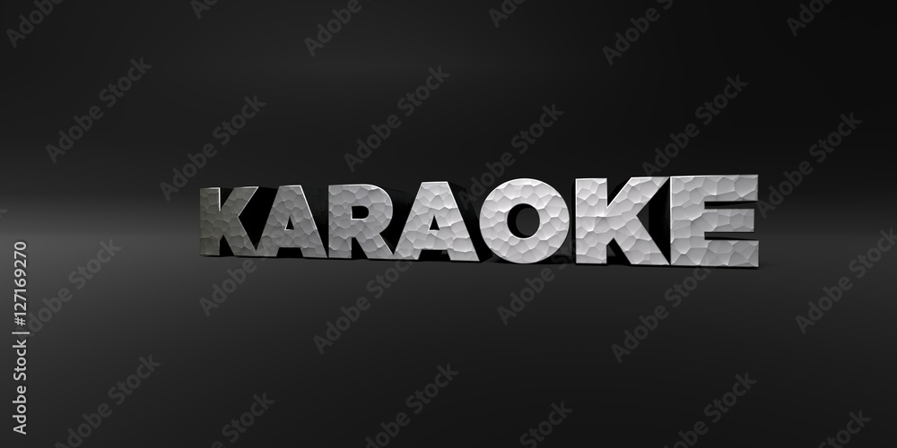 KARAOKE - hammered metal finish text on black studio - 3D rendered royalty free stock photo. This image can be used for an online website banner ad or a print postcard.