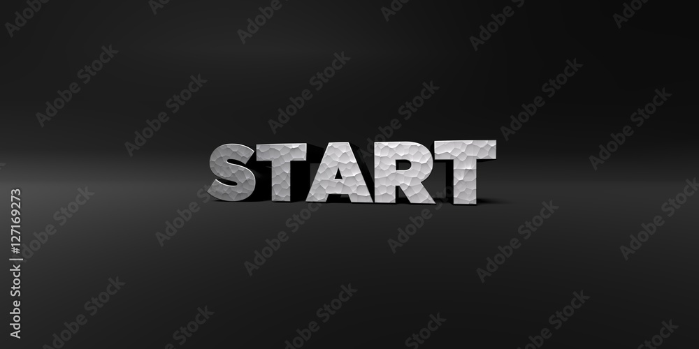 START - hammered metal finish text on black studio - 3D rendered royalty free stock photo. This image can be used for an online website banner ad or a print postcard. START - hammered metal finish text on black studio - 3D rendered royalty free stock photo. This image can be used for an online website banner ad or a print postcard.
