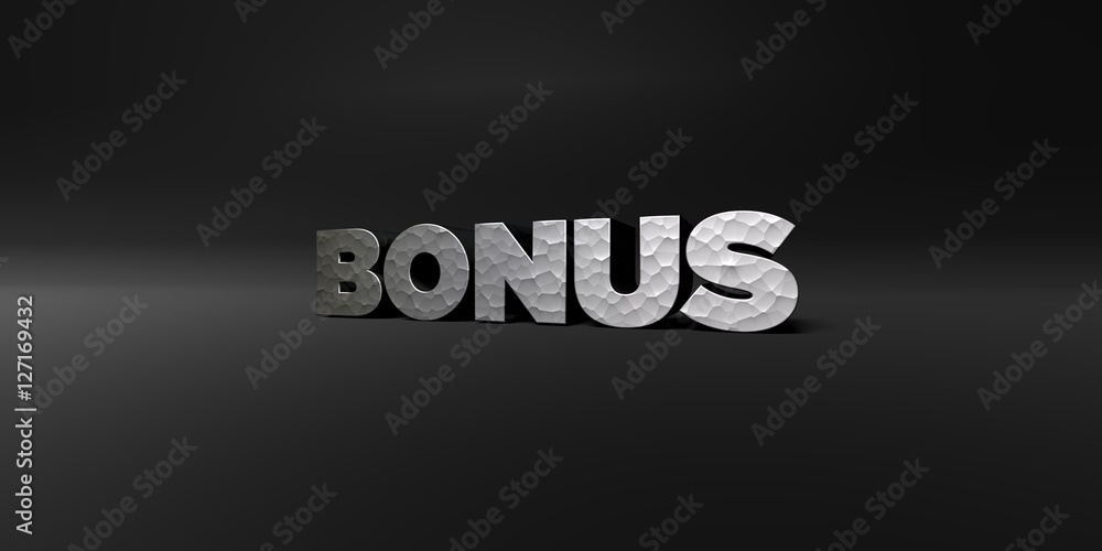 BONUS - hammered metal finish text on black studio - 3D rendered royalty free stock photo. This image can be used for an online website banner ad or a print postcard. BONUS - hammered metal finish text on black studio - 3D rendered royalty free stock photo. This image can be used for an online website banner ad or a print postcard.