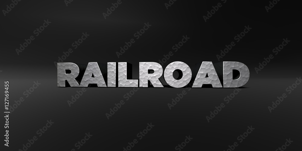 Obraz premium RAILROAD - hammered metal finish text on black studio - 3D rendered royalty free stock photo. This image can be used for an online website banner ad or a print postcard.