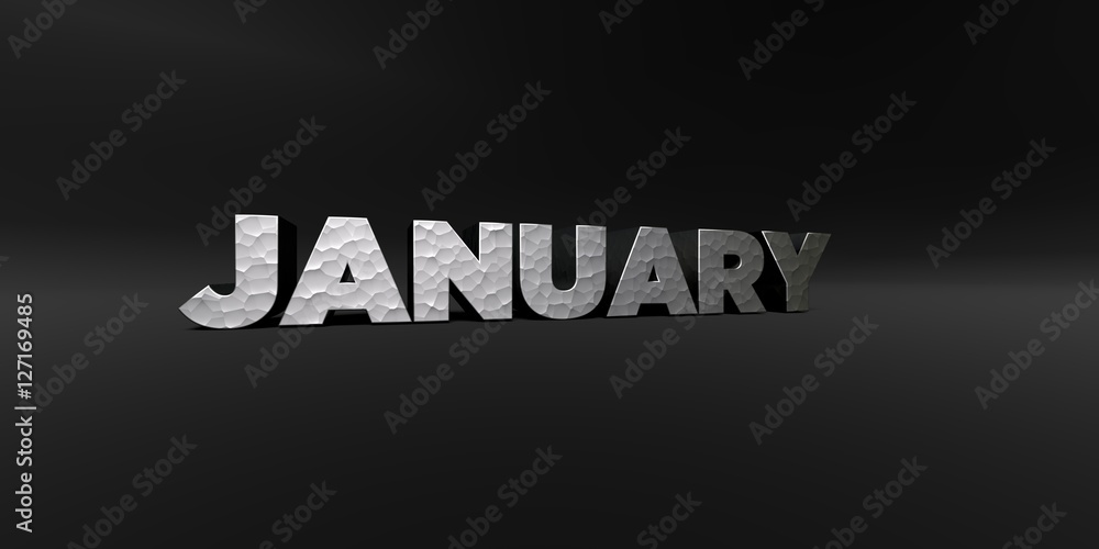 JANUARY - hammered metal finish text on black studio - 3D rendered royalty free stock photo. This image can be used for an online website banner ad or a print postcard.