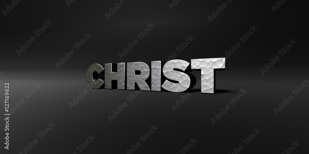 CHRIST - hammered metal finish text on black studio - 3D rendered royalty free stock photo. This image can be used for an online website banner ad or a print postcard.