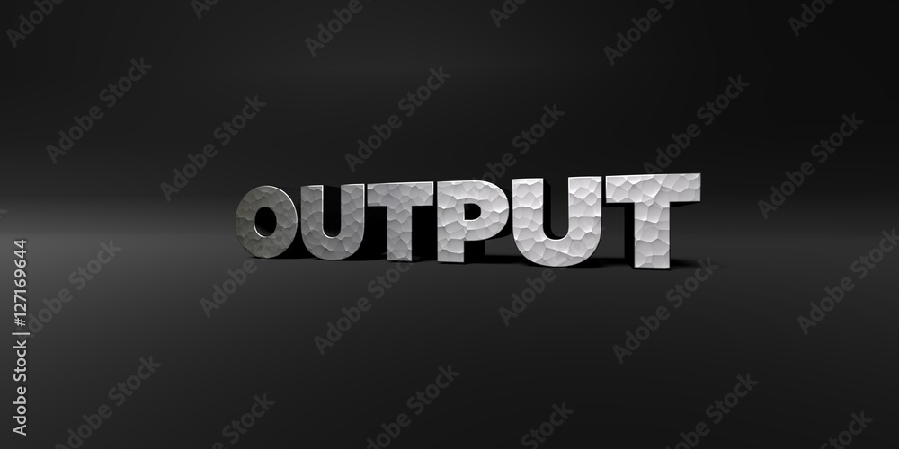 OUTPUT - hammered metal finish text on black studio - 3D rendered royalty free stock photo. This image can be used for an online website banner ad or a print postcard.