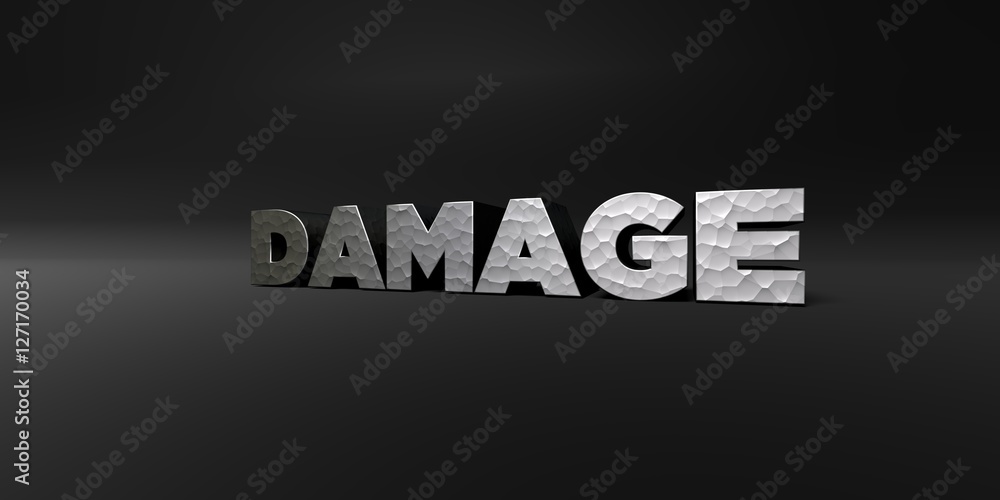 DAMAGE - hammered metal finish text on black studio - 3D rendered royalty free stock photo. This image can be used for an online website banner ad or a print postcard. DAMAGE - hammered metal finish text on black studio - 3D rendered royalty free stock photo. This image can be used for an online website banner ad or a print postcard.