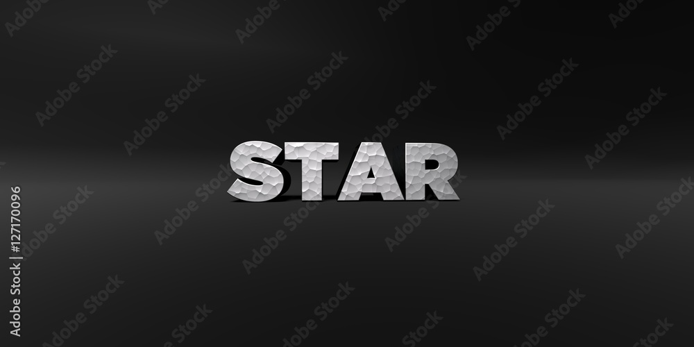 STAR - hammered metal finish text on black studio - 3D rendered royalty free stock photo. This image can be used for an online website banner ad or a print postcard.