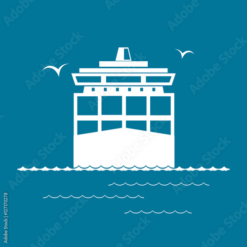 Front View of the Cargo Container Ship Isolated on Blue, Industrial Marine Vessel with Containers on Board, International Freight Transportation, Vector Illustration