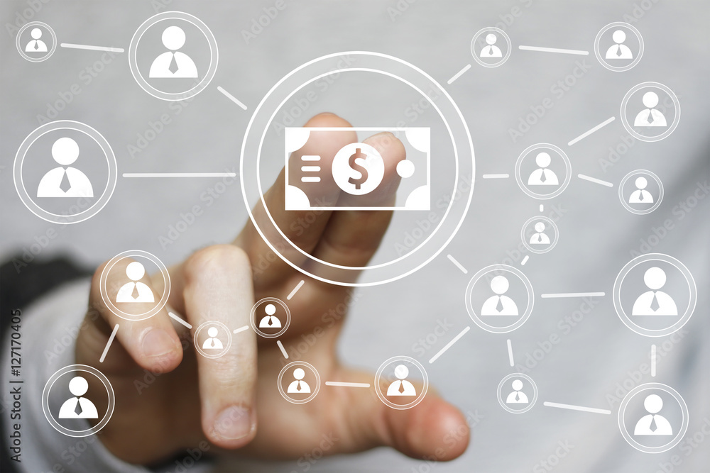 Businessman push button with dollar currency network Businessman push button with dollar currency network