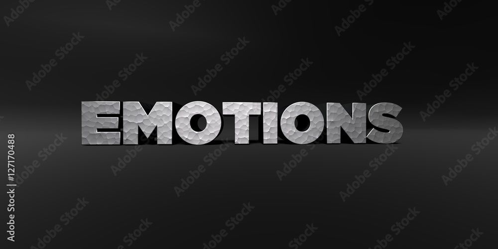 EMOTIONS - hammered metal finish text on black studio - 3D rendered royalty free stock photo. This image can be used for an online website banner ad or a print postcard.