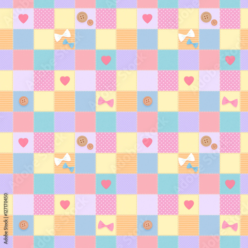 カラフルでかわいいパッチワーク風 リボン ボタンのハンドメイド風シームレスパターン Stock イラスト Adobe Stock カラフルでかわいいパッチワーク風 リボン ボタンのハンドメイド風シームレスパターン Stock イラスト Adobe Stock
