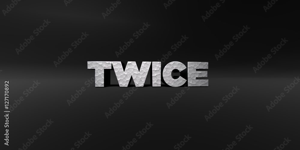 TWICE - hammered metal finish text on black studio - 3D rendered royalty free stock photo. This image can be used for an online website banner ad or a print postcard.