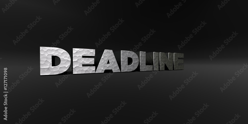 DEADLINE - hammered metal finish text on black studio - 3D rendered royalty free stock photo. This image can be used for an online website banner ad or a print postcard.