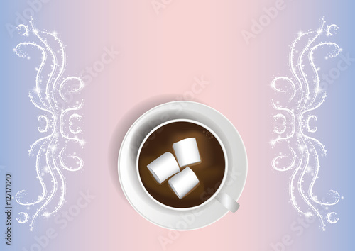 Cup of hot chocolate with marshmallows from above. Delicious winter drink. Flat lay. Glowing ornaments. 