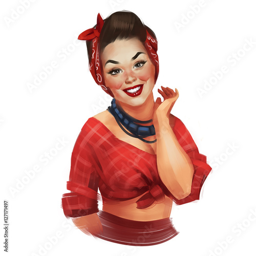 Retro Pin up woman with a red cheeks with a black hair isolated on a white background. For vintage party invitations, old-fashion design template. © Ira Cvetnaya