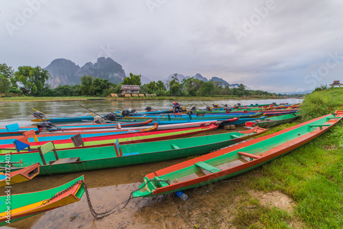 long tail boats on Song river  Vang Vieng  Laos