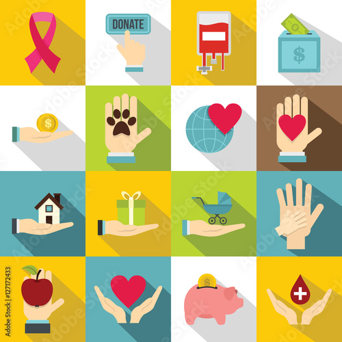 Charity icons set. Flat illustration of 16 charity vector icons for web