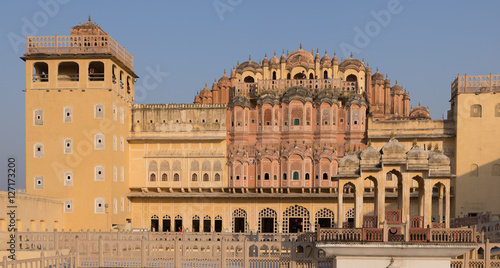 Jaipur, Rajasthan, India - October 28, 2016:  Tourists at Famous Rajasthan Indian landmark - Hawa Mahal palace (Palace of the Winds), documentary editorial.