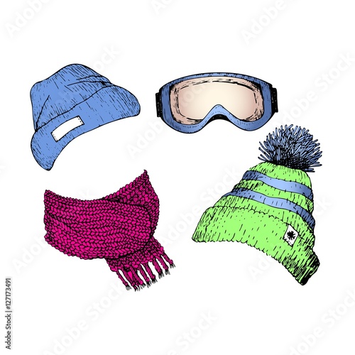 Vecor set of hand drawn ski clothing icons. Knitted scarf, beanies, goggle mask. Engraved colored illustration.