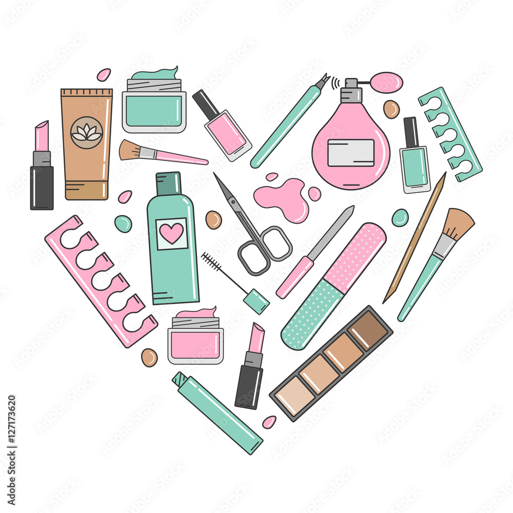 Vector background of cosmetics and tools for manicure. Heart of cosmetics isolated on a white background. Vector background of cosmetics and tools for manicure. Heart of cosmetics isolated on a white background.