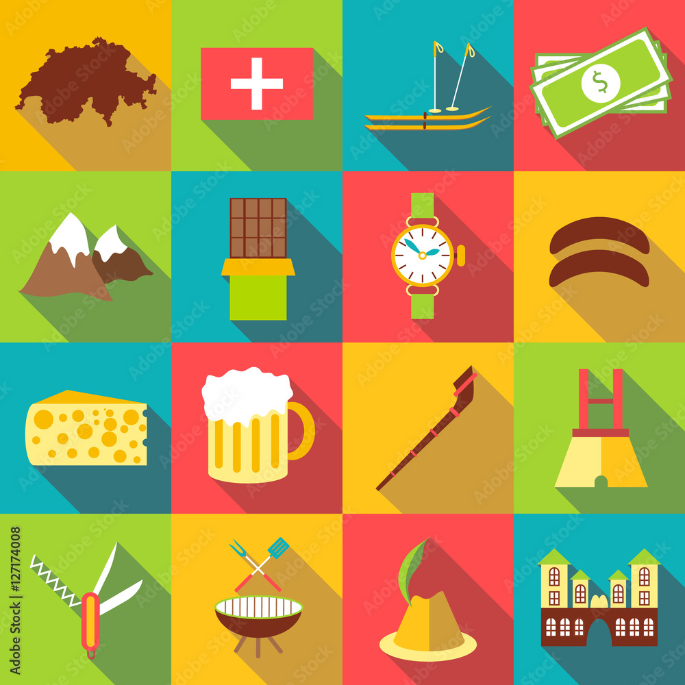 Switzerland itravel cons set. Flat illustration of 16 Switzerland