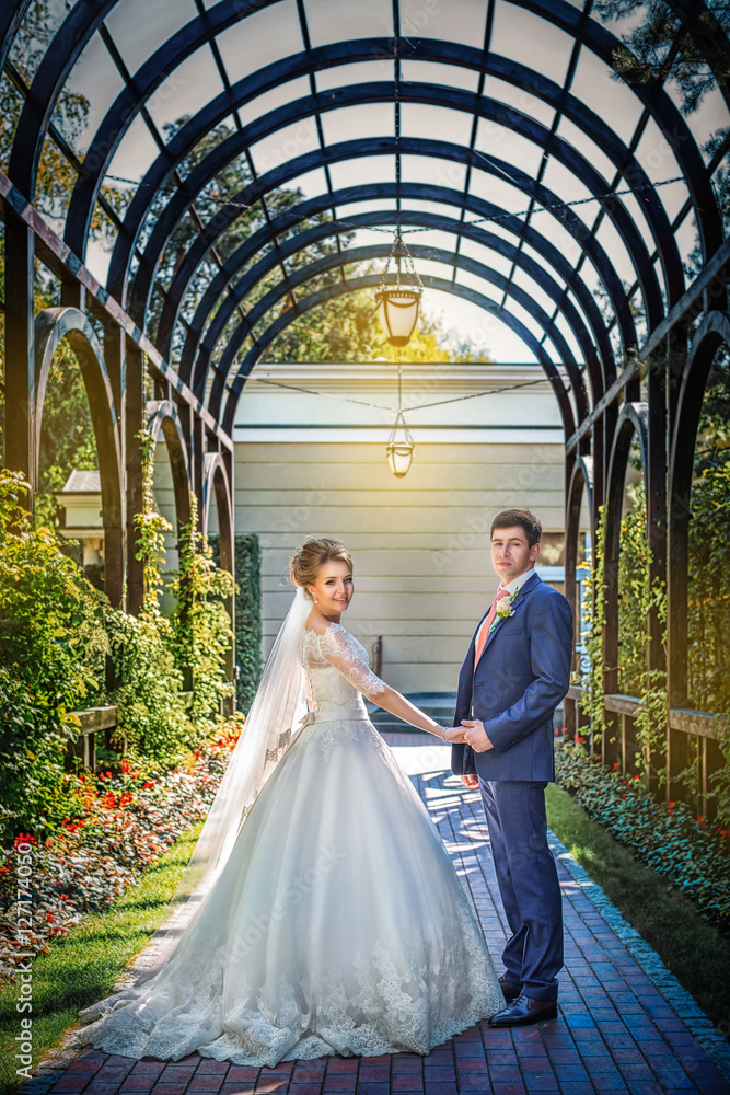 Fototapeta premium happy newlyweds walking together in the park