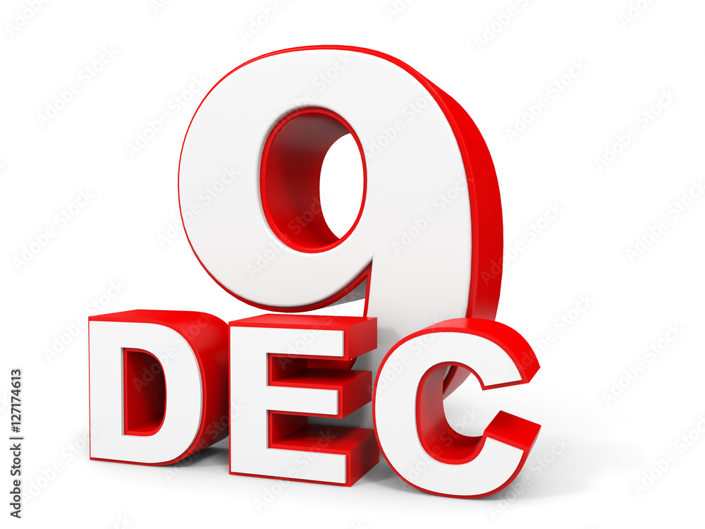 December 9. 3d text on white background. December 9. 3d text on white background.