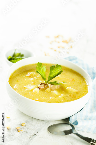 Pea and lentil soup with smoked meat