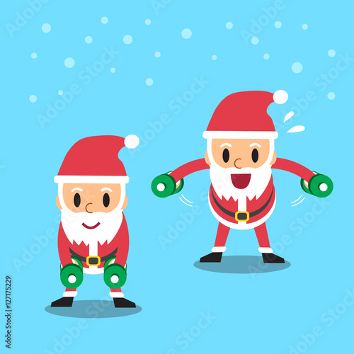 Cartoon santa claus doing dumbbell bent over lateral raise exercise