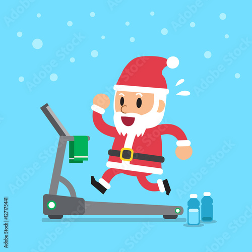 Cartoon santa claus running on treadmill