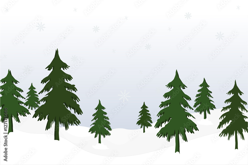landscape with fir trees, forest background, hand drawn vector illustration
