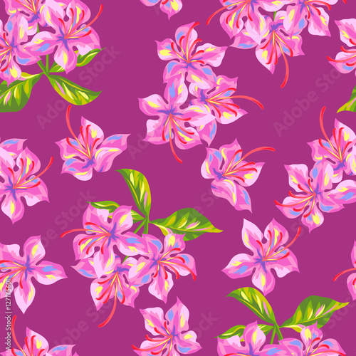 Seamless pattern with rhododendron flowers. Bright buds and leaves