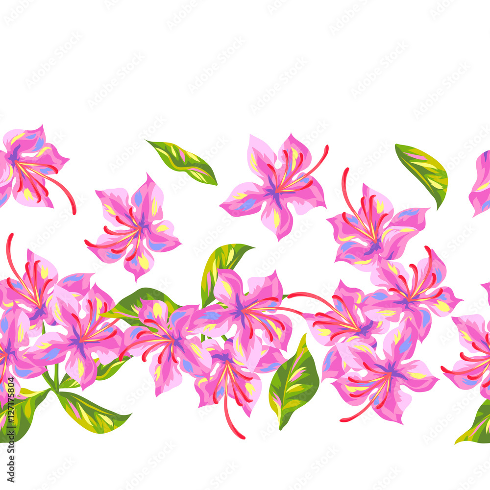 Seamless pattern with rhododendron flowers. Bright buds and leaves Seamless pattern with rhododendron flowers. Bright buds and leaves