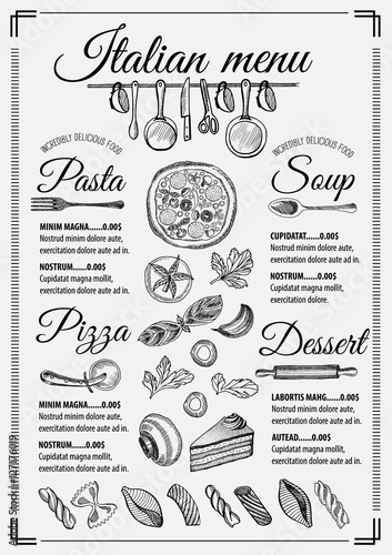 Menu italian restaurant, food template placemat.