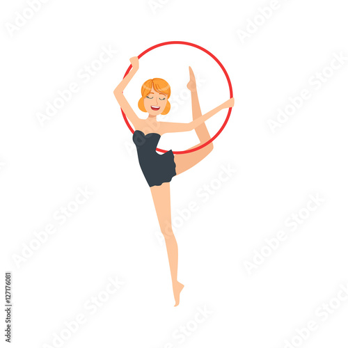 Professional Rhythmic Gymnastics Sportswoman In Black Dress Performing An Element With Hoop Apparatus