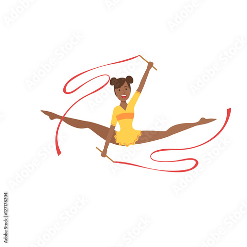Black Professional Rhythmic Gymnastics Sportswoman In Yellow Leotard Performing An Element With Two Ribbons Apparatus