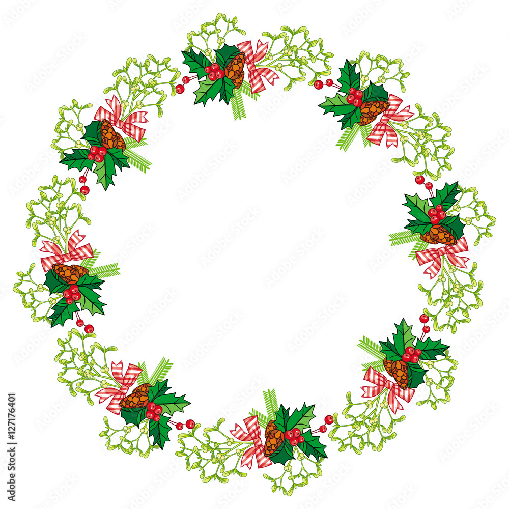 Round frame in shape of wreath with mistletoe. Holly berry, pine cones, bows. Round frame in shape of wreath with mistletoe. Holly berry, pine cones, bows.