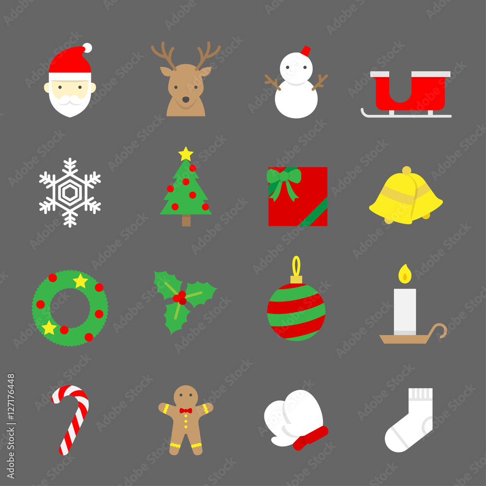 Christmas icons set flat color design set isolated on dark grey color background Christmas icons set flat color design set isolated on dark grey color background