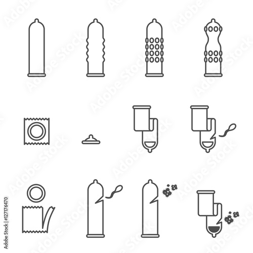 Condom icons illustration silhouette outline set black and white color flat design isolated on white background