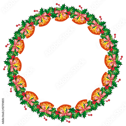 Round frame in shape of wreath with holly berry and jingle bells. Copy space. 