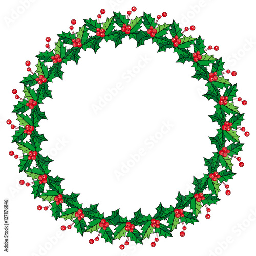 Round frame in shape of wreath with holly berry. Copy space. 