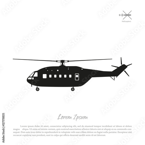 Black helicopter silhouette on a white background. Side view