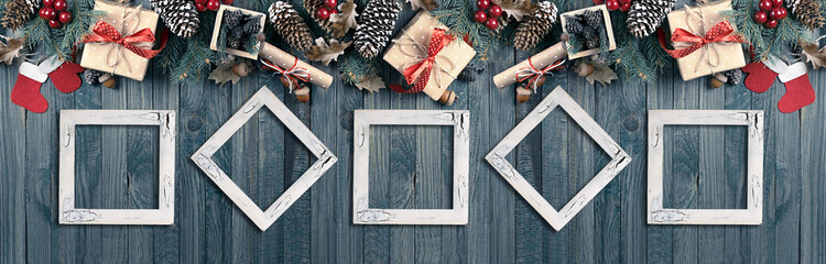 Christmas banner with photo frames, spruce, gift box, Santa Clau