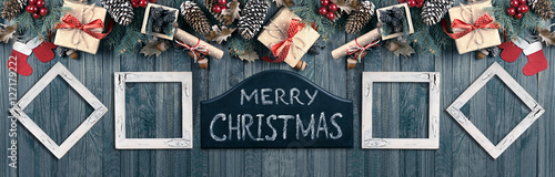 Christmas banner with photo frames, spruce, gift box, Santa Clau