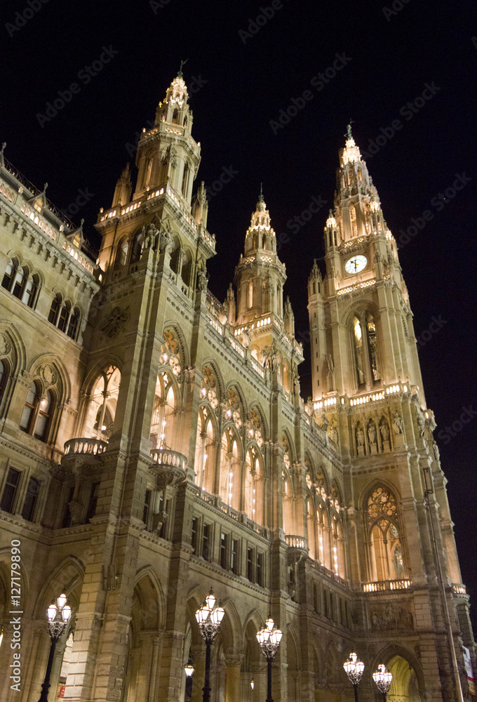 Architectural close up of the towers of Vienna Town House, Rathaus, no people