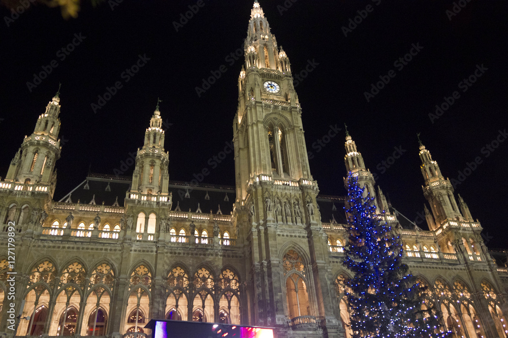 Vienna Rathaus at night witha Christmas tree on its side, no people